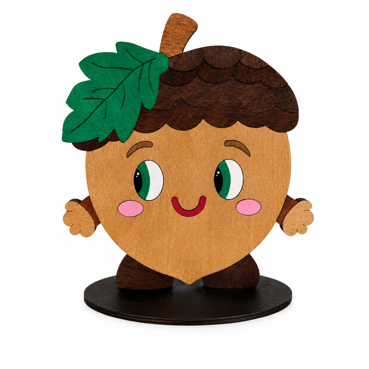 Finished acorn paint kit featuring a smiling wooden acorn character with green leaf, brown cap, and black display base.