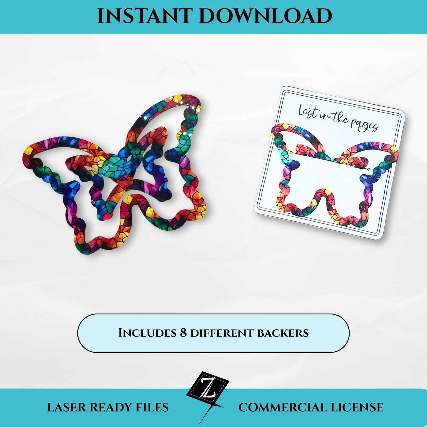 Laser cut butterfly-shaped acrylic bookmark with colorful mosaic pattern and matching printed backer card that says “Lost in the pages.”