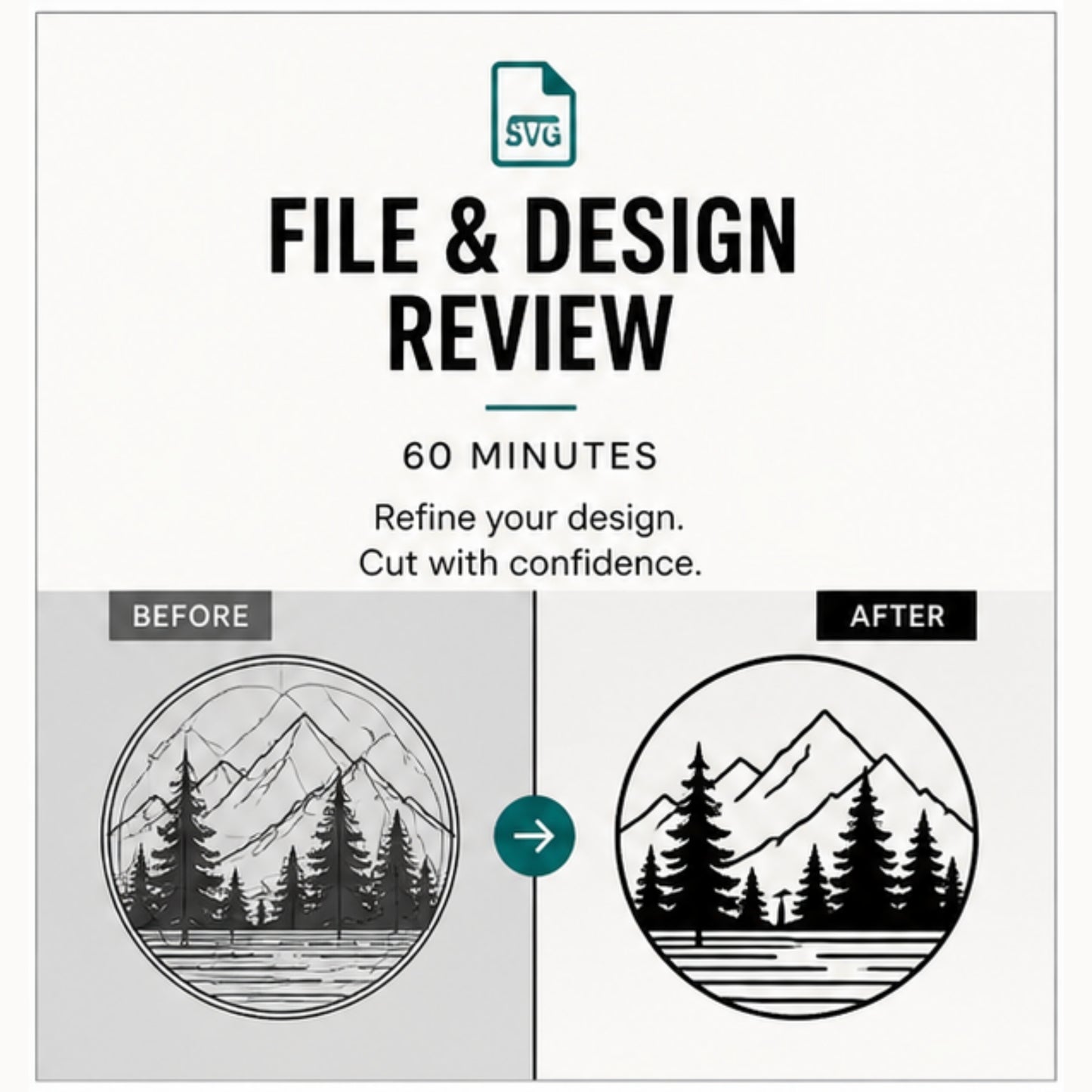 File and design review graphic showing before and after vector design comparison, focused on improving layout, structure, and production readiness