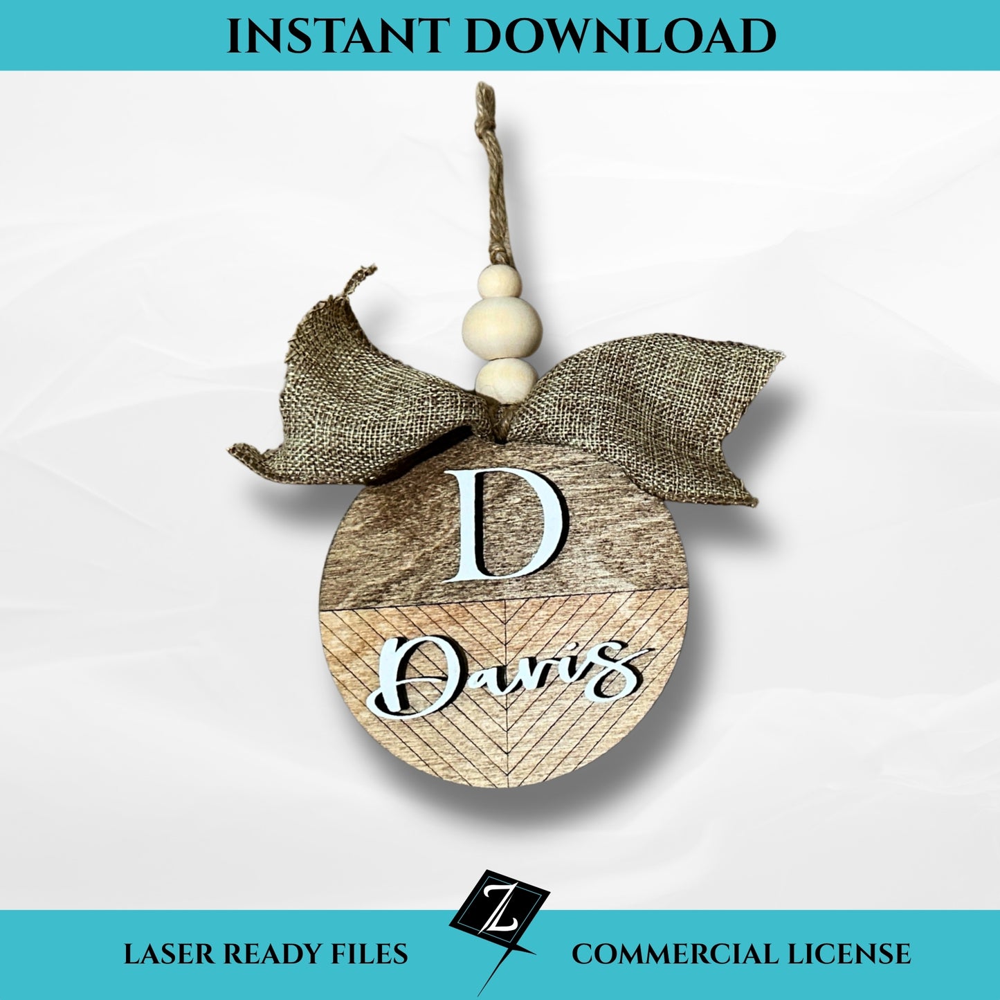 Layered wooden ornament featuring a chevron pattern with monogram “D” and the name “Davis” in white, accented with a burlap bow and wooden beads, designed for laser cutting.