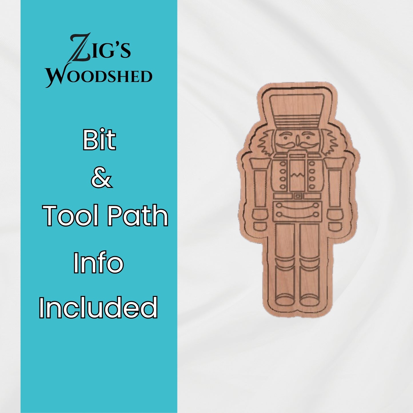 Digital Nutcracker tray CNC file from Zig’s Woodshed shown as a carved wooden tray design with engraved nutcracker details. Bit and tool path info included.