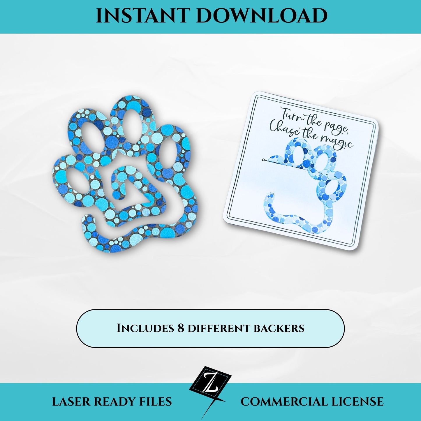 A blue patterned acrylic bookmark shaped like a paw print with open cutouts to clip onto a book page, shown with one of eight included square backer cards that reads “Turn the page, chase the magic.”
