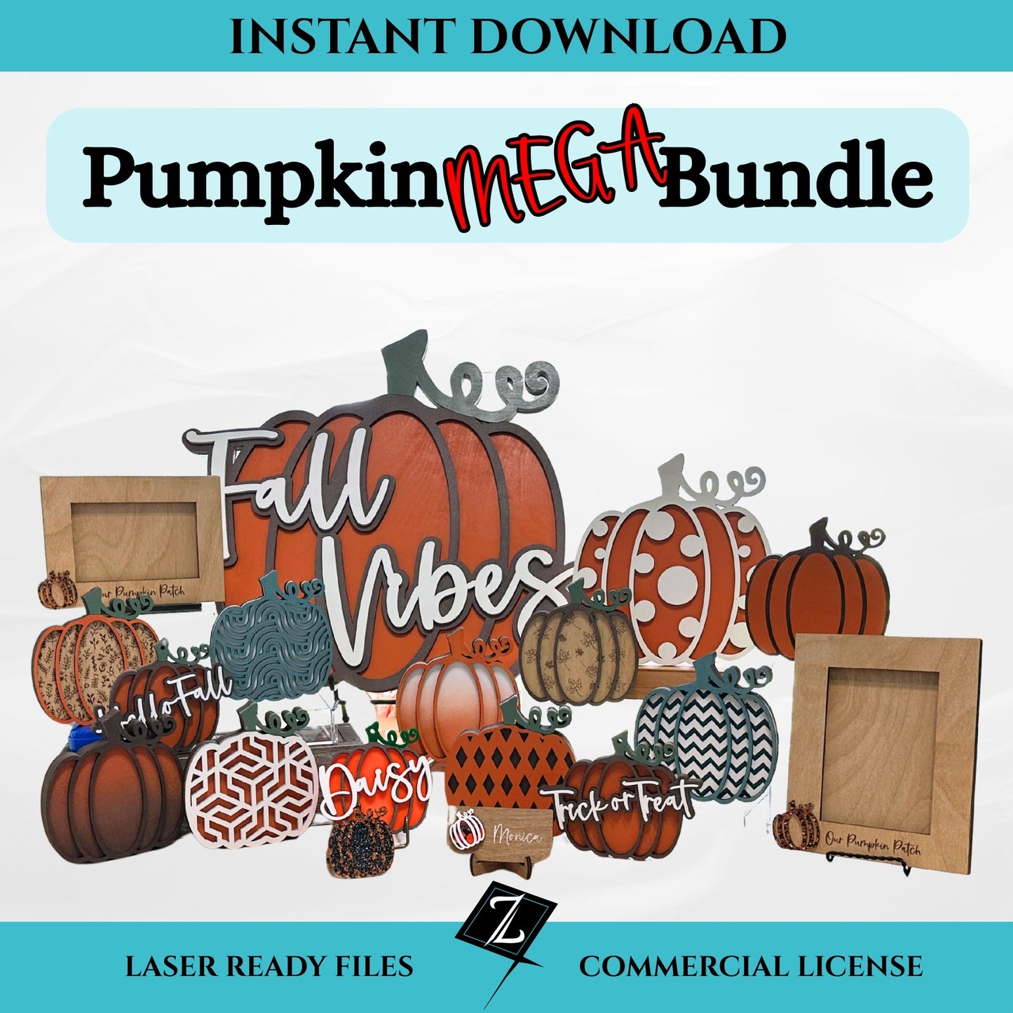 Pumpkin Mega Bundle digital download showing multiple laser cut pumpkin designs including polka dot, chevron, plaid, and patterned pumpkins along with photo frames, shelf sitters, ornaments, and bag tags. Fall pumpkin SVG bundle for laser cutting, instant download with commercial use.