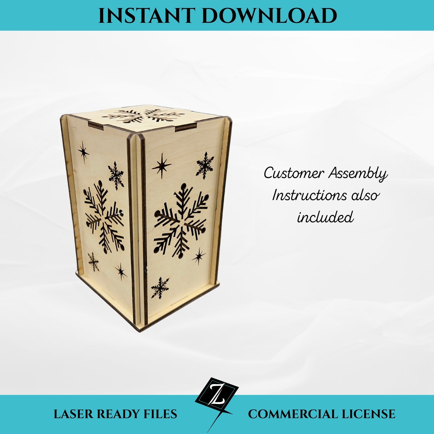 Snowflake lantern SVG file for laser cutting, instant download. Wooden flat-pack lantern with snowflake and star cutout panels. Includes customer assembly instructions and commercial license.