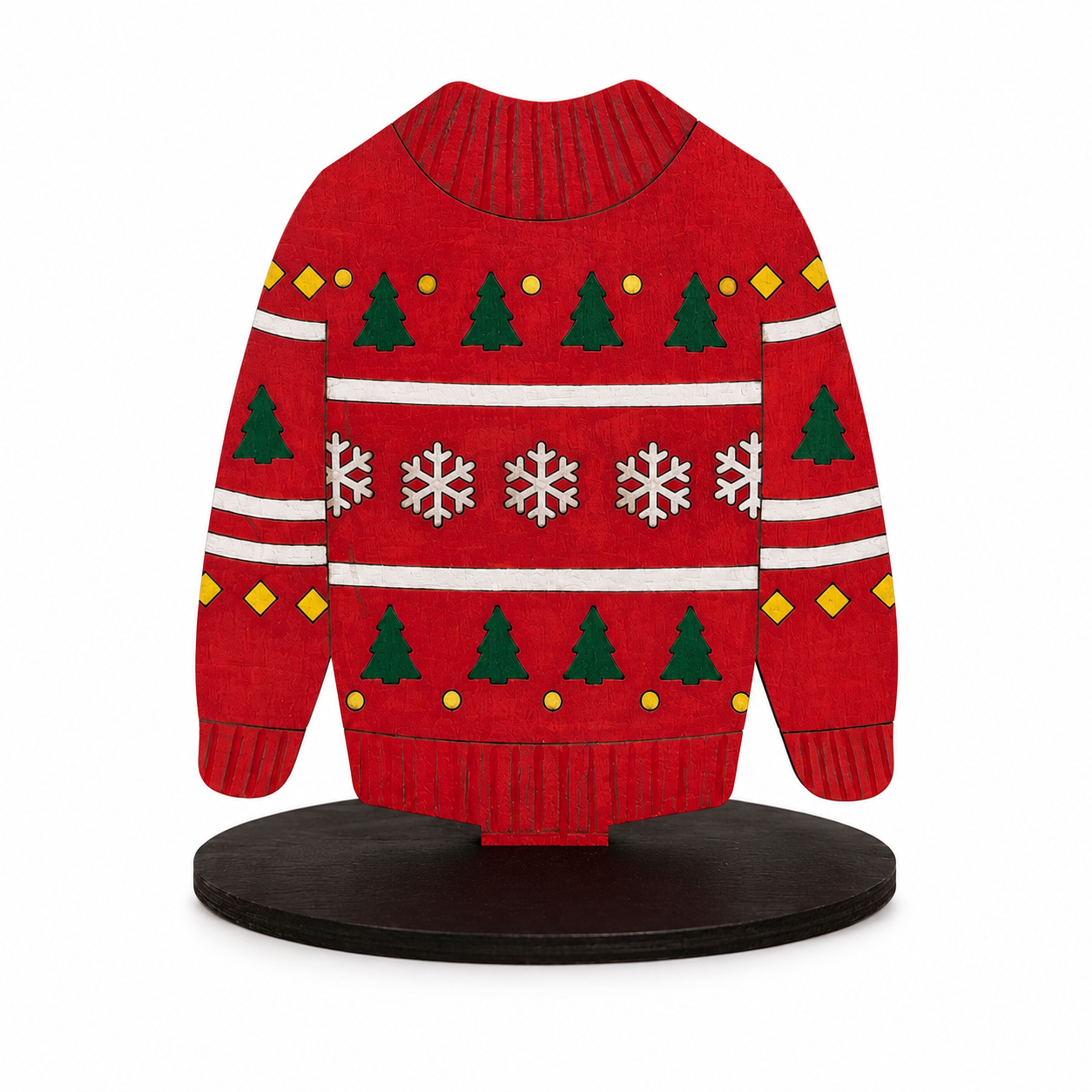 Finished wooden ugly Christmas sweater paint kit featuring a red sweater with green trees, white snowflakes, and a black display base.