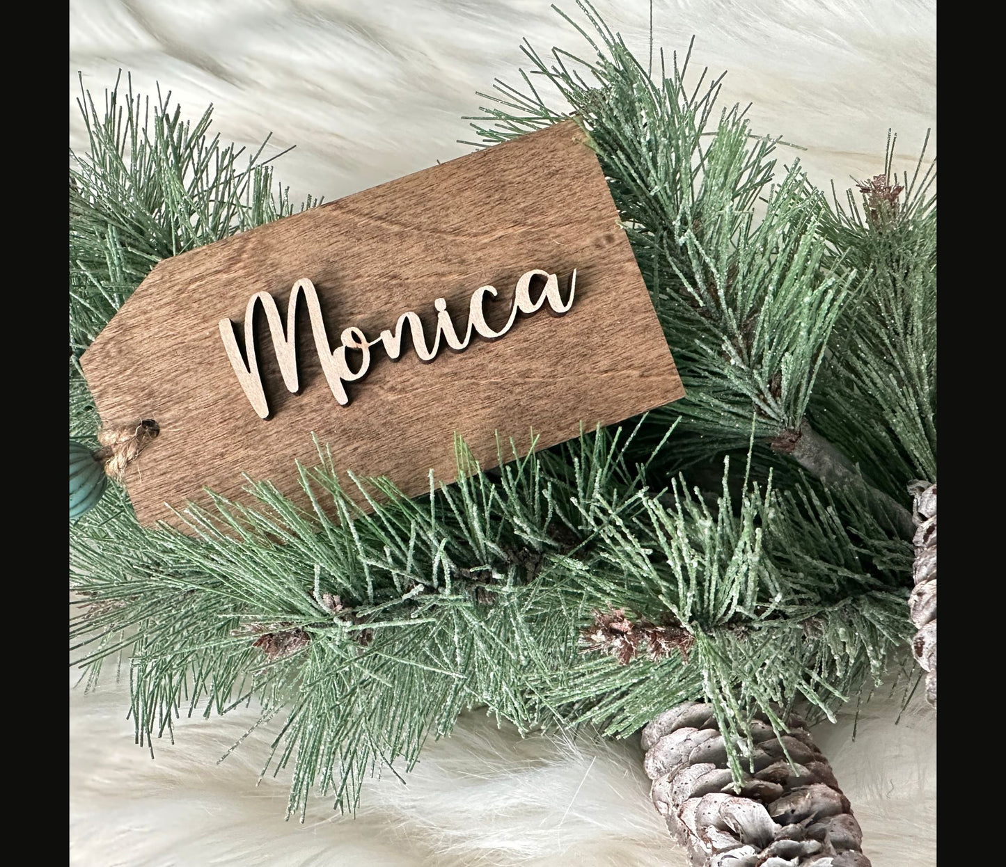 Handmade woodworking name tag - a darker wood tag with a custom birchwood name.