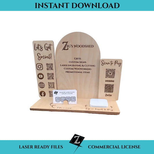 Laser-cut wooden payment center display with Zig’s Woodshed logo, social media QR panel, and Venmo/Zelle payment section — laser-ready digital download.