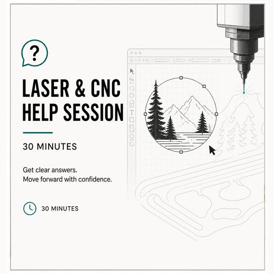 Laser and CNC help session graphic with vector design software interface and engraving machine illustration, offering 30 minute guidance for file setup and workflow issues