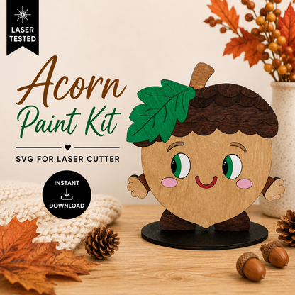 Acorn paint kit SVG for laser cutters featuring a painted wooden acorn character displayed with fall decor. Instant digital download.