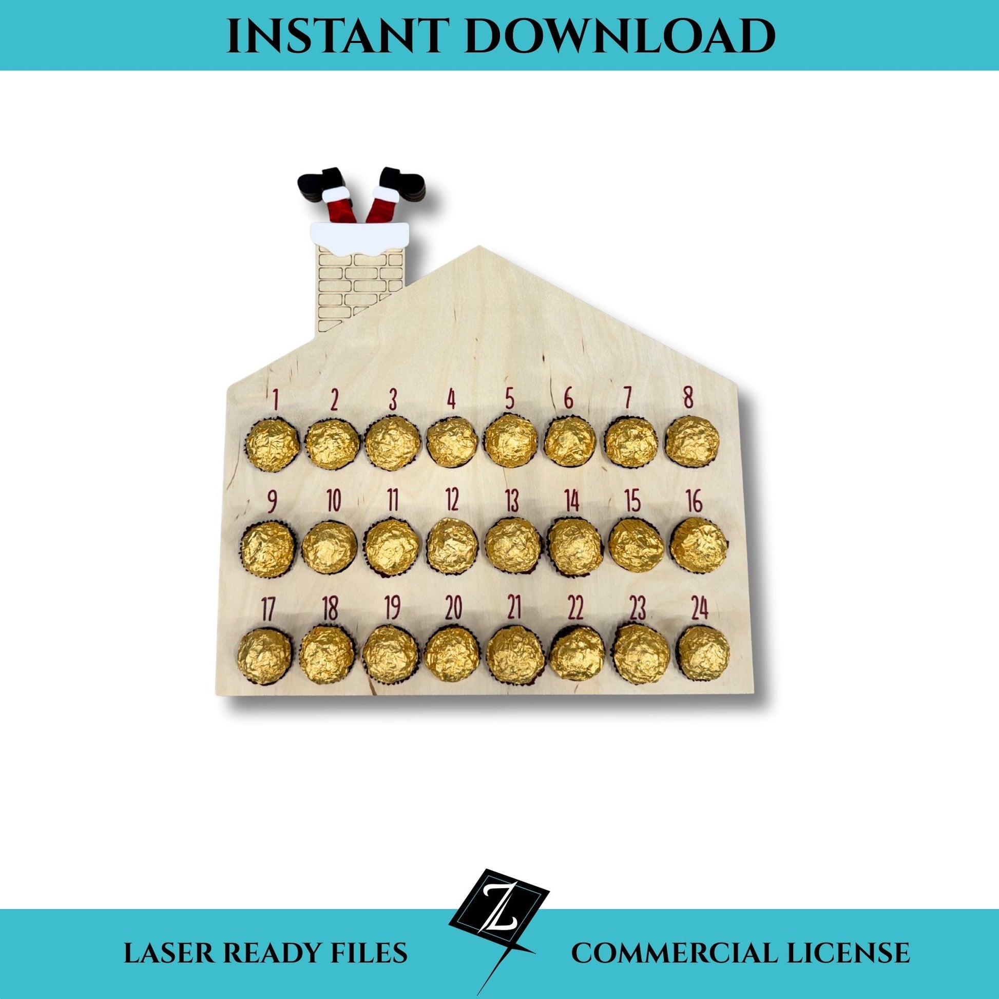Laser-cut wooden Santa chimney advent calendar shaped like a house with Santa’s legs in the chimney and 24 numbered truffle holders.  Designed for laser cutters.