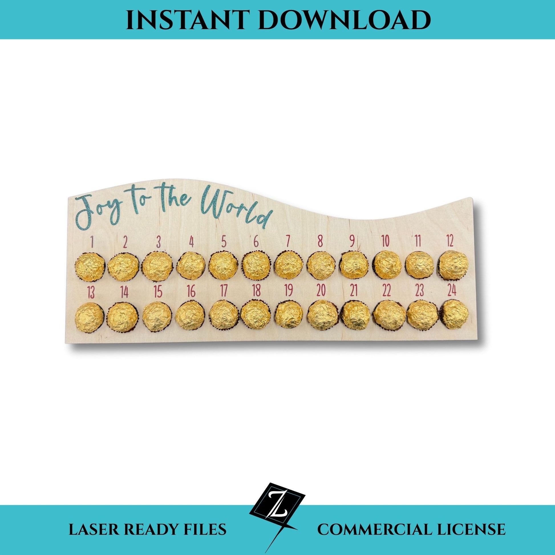 Laser-cut wooden advent calendar engraved with ‘Joy to the World,’ featuring 24 numbered truffle holders for a Christmas countdown.  Designed for laser cutters.