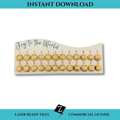 Laser-cut wooden advent calendar engraved with ‘Joy to the World,’ featuring 24 numbered truffle holders for a Christmas countdown.  Designed for laser cutters.
