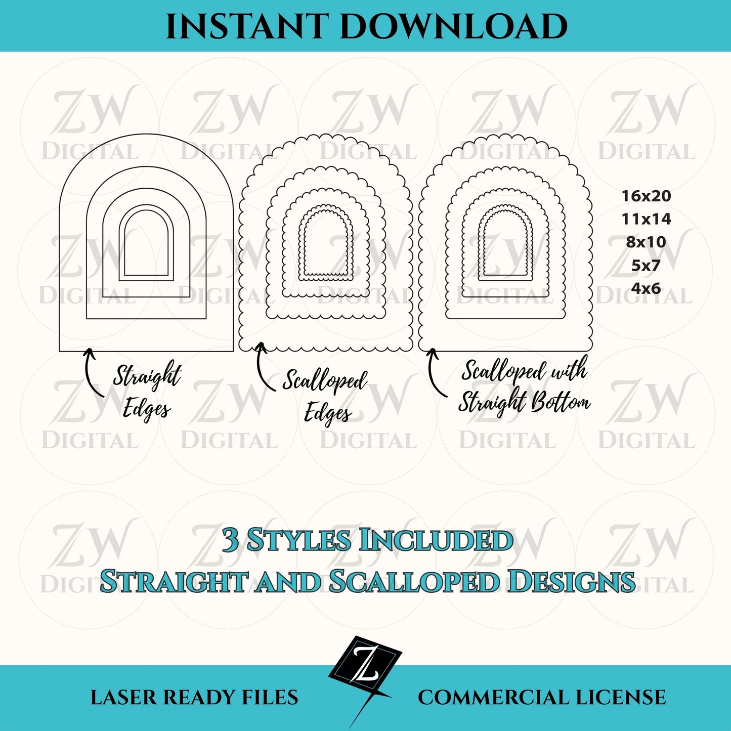 Instant download of a laser ready file - Arch bundle.  15 different designs / sizes with straight and scalloped edges.