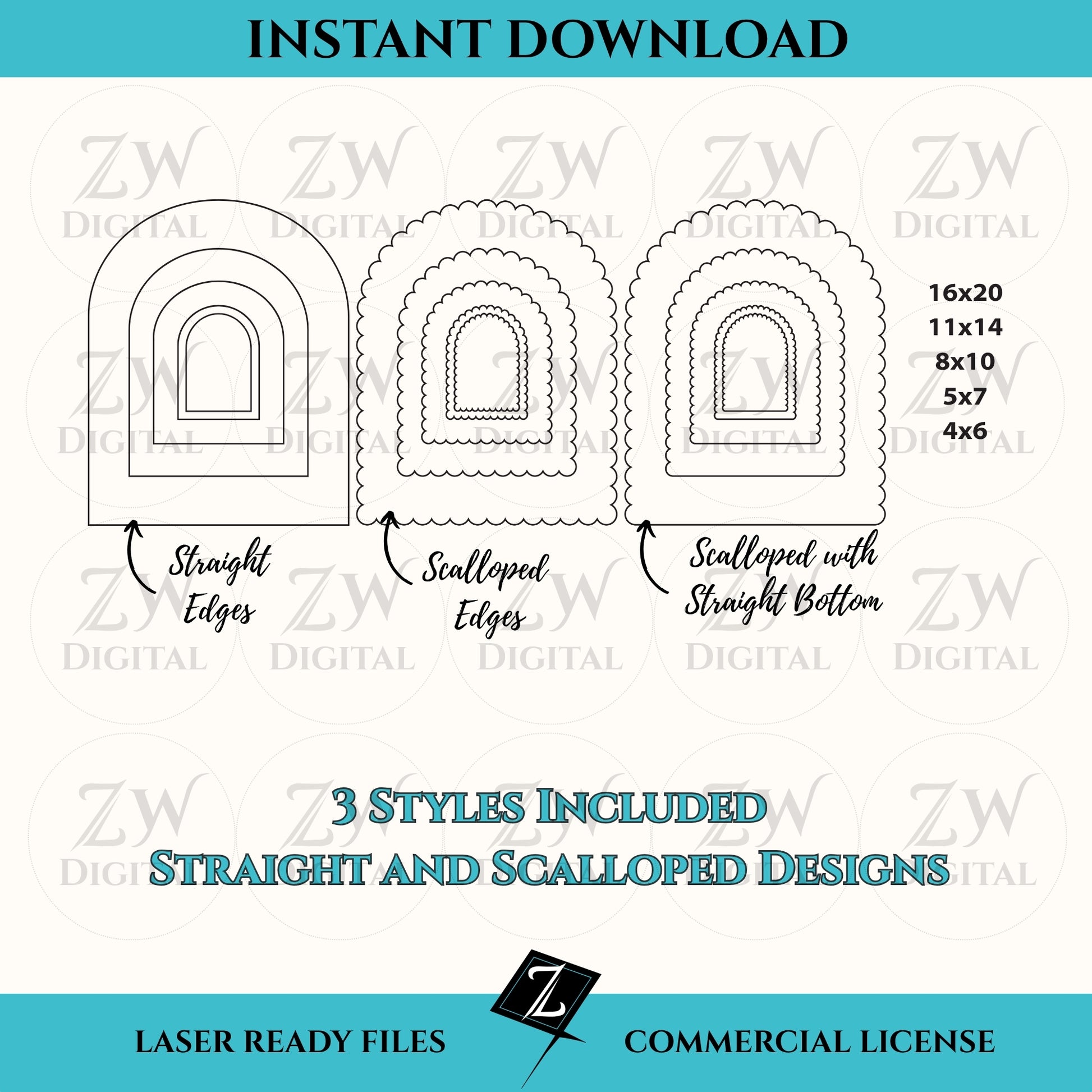 Instant download of a laser ready file - Arch bundle.  15 different designs / sizes with straight and scalloped edges.