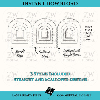 Instant download of a laser ready file - Arch bundle.  15 different designs / sizes with straight and scalloped edges.