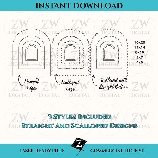 Instant download of a laser ready file - Arch bundle.  15 different designs / sizes with straight and scalloped edges.