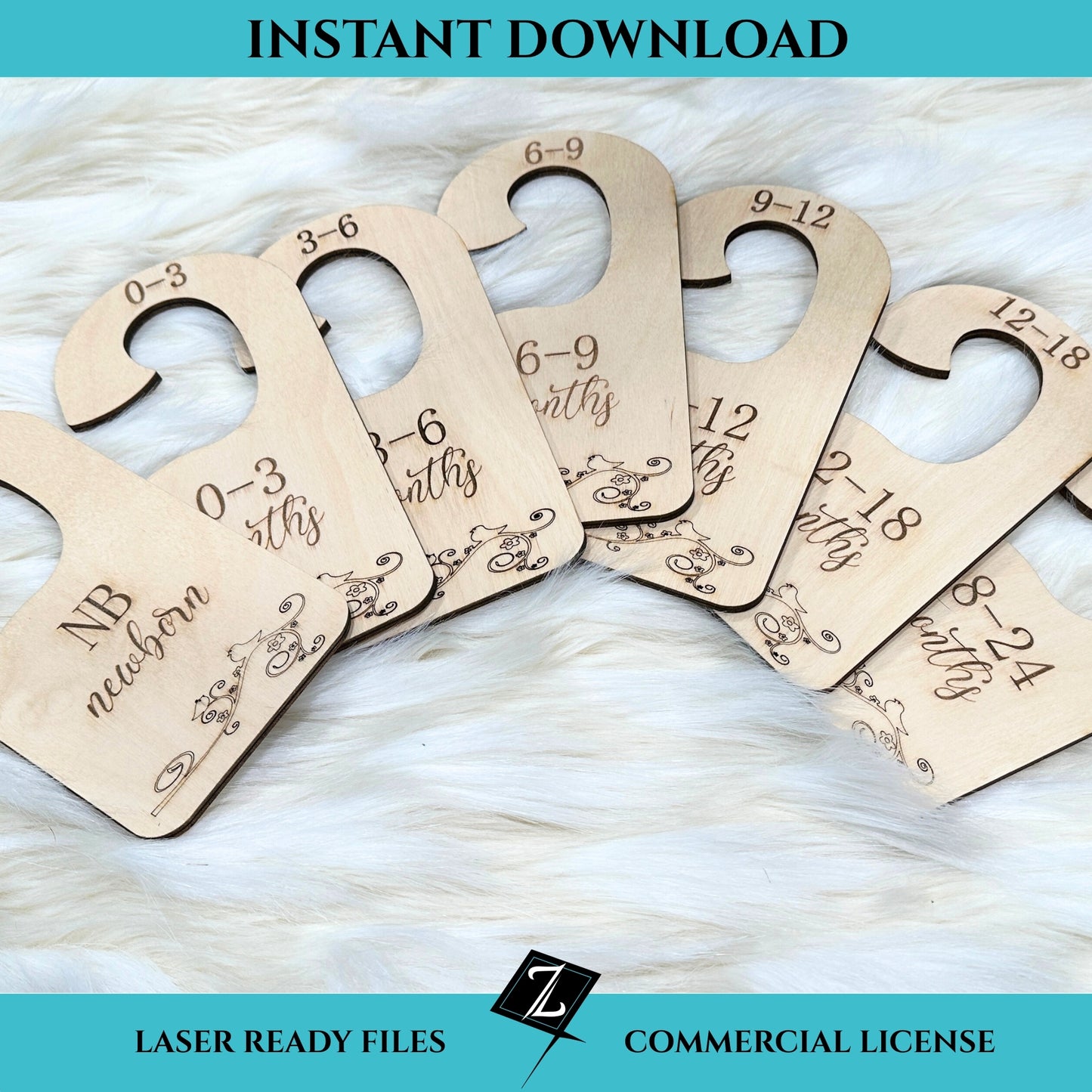 Set of laser-cut wooden baby closet dividers labeled by clothing size from newborn through 24 months, featuring floral and bird engravings and displayed on soft faux fur.