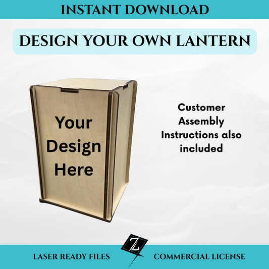 Blank laser cut lantern SVG file for instant download. Slot-together flat-pack design with customizable panels. Digital file includes assembly instructions and commercial license.