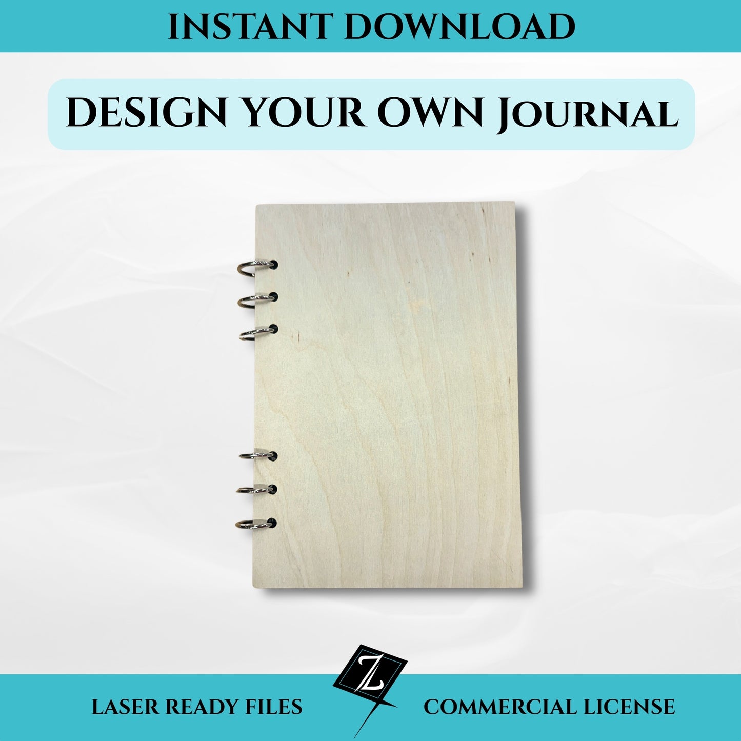 Laser cut file for blank wooden journal cover with metal ring binding, instant download design file for customizing and engraving journals.