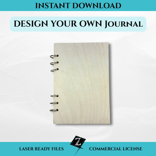 Laser cut file for blank wooden journal cover with metal ring binding, instant download design file for customizing and engraving journals.