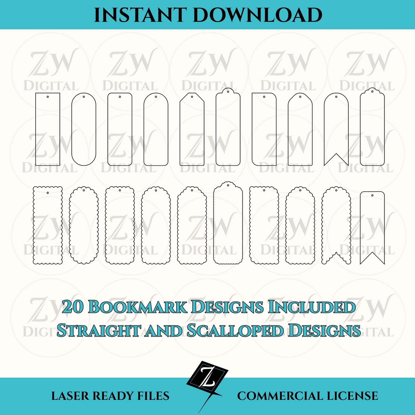 Digital rendering of an instant download of a laser ready file - bookmark bundle.  20 different designs straight and scalloped edges.