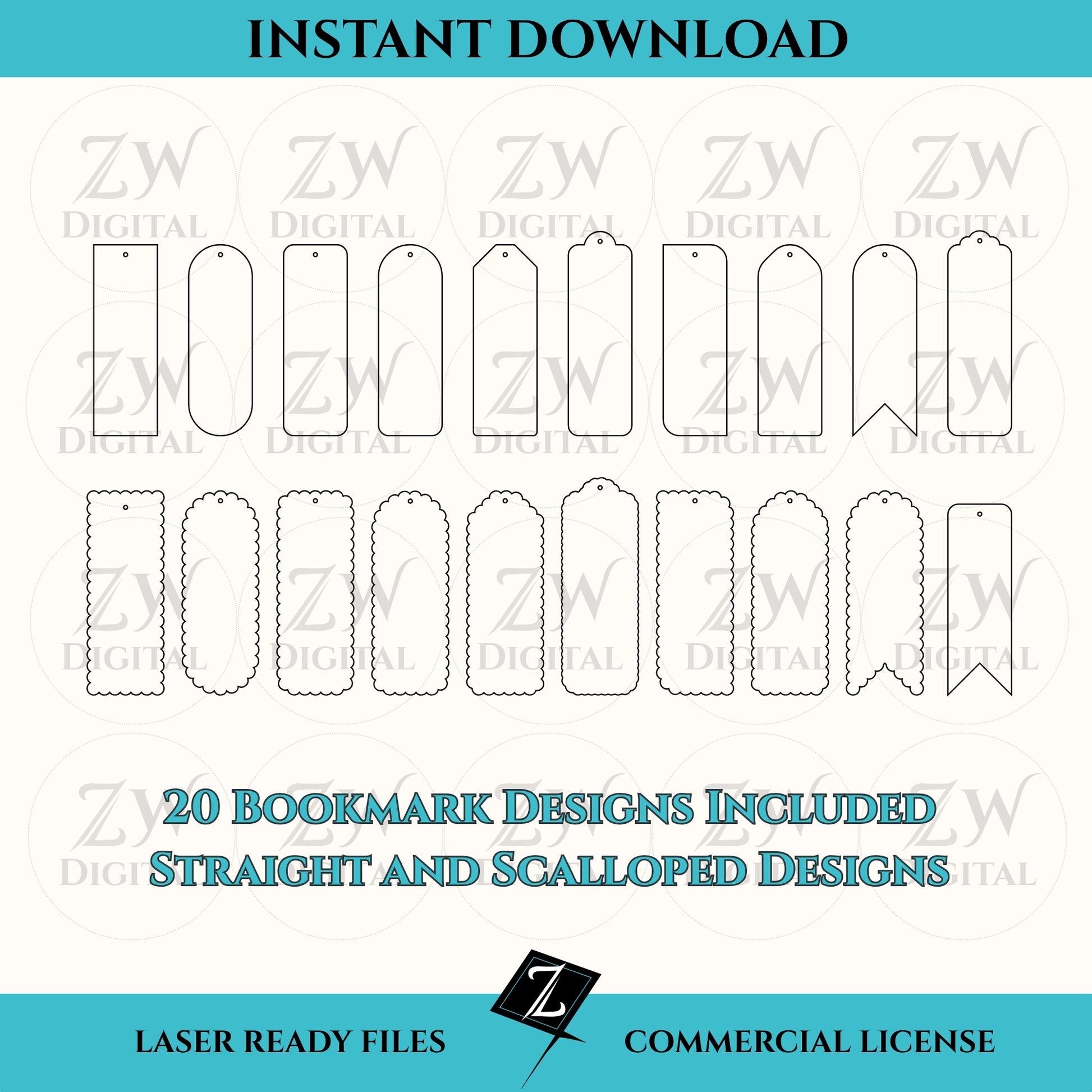 Digital rendering of an instant download of a laser ready file - bookmark bundle.  20 different designs straight and scalloped edges.