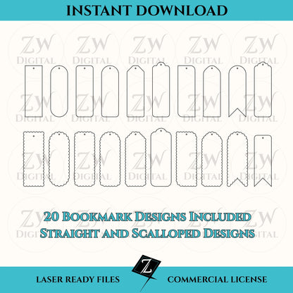 Digital rendering of an instant download of a laser ready file - bookmark bundle.  20 different designs straight and scalloped edges.