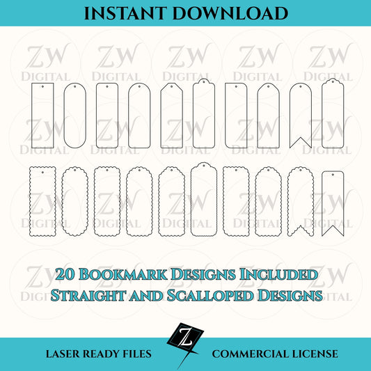 Digital rendering of an instant download of a laser ready file - bookmark bundle.  20 different designs straight and scalloped edges.