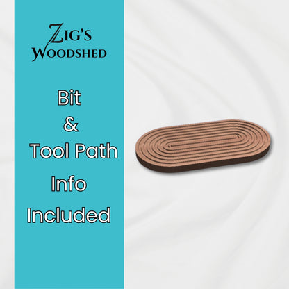 Oval wooden bread board with grooved crumb-catching design for slicing bread loaves cleanly and keeping counters tidy. Digital download for CNC machine.