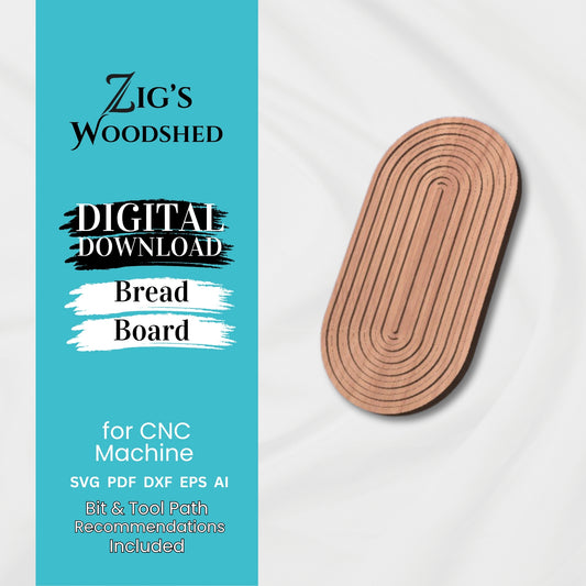 Oval wooden bread board with grooved crumb-catching design for slicing bread loaves cleanly and keeping counters tidy. Digital download for CNC machine.