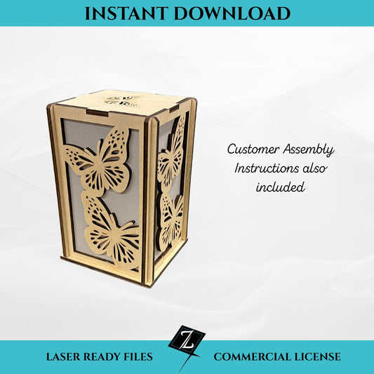 Laser cut butterfly lantern SVG file, instant download. Wooden slot-together lantern with decorative butterfly panels and vellum backing. Includes customer assembly instructions and commercial license.”