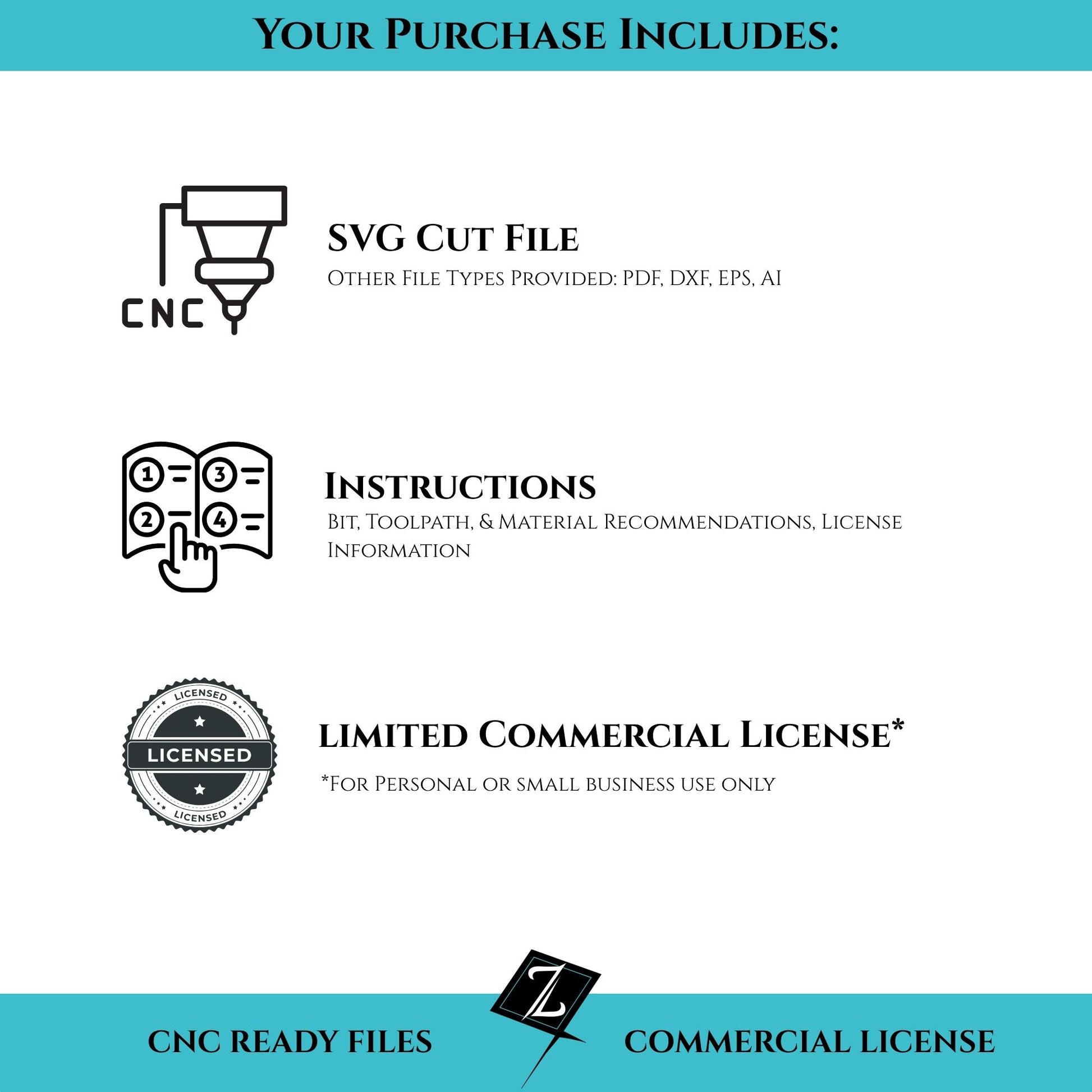 Your purchase includes an SVG cut file, CNC instructions (bit, tool path, and depth of cut recommendations), and a limited commercial license.