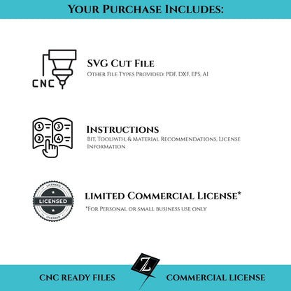 Your purchase includes an SVG cut file, CNC instructions (bit, tool path, and depth of cut recommendations), and a limited commercial license.