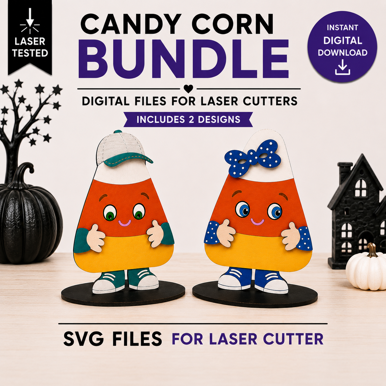Promotional graphic for a digital laser-cutting bundle featuring two cute cartoon candy corn designs. The text reads 'CANDY CORN BUNDLE' and 'DIGITAL FILES FOR LASER CUTTERS', with 'INCLUDES 2 DESIGNS' highlighted.