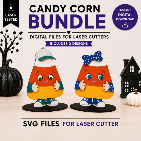 Promotional graphic for a digital laser-cutting bundle featuring two cute cartoon candy corn designs. The text reads 'CANDY CORN BUNDLE' and 'DIGITAL FILES FOR LASER CUTTERS', with 'INCLUDES 2 DESIGNS' highlighted.