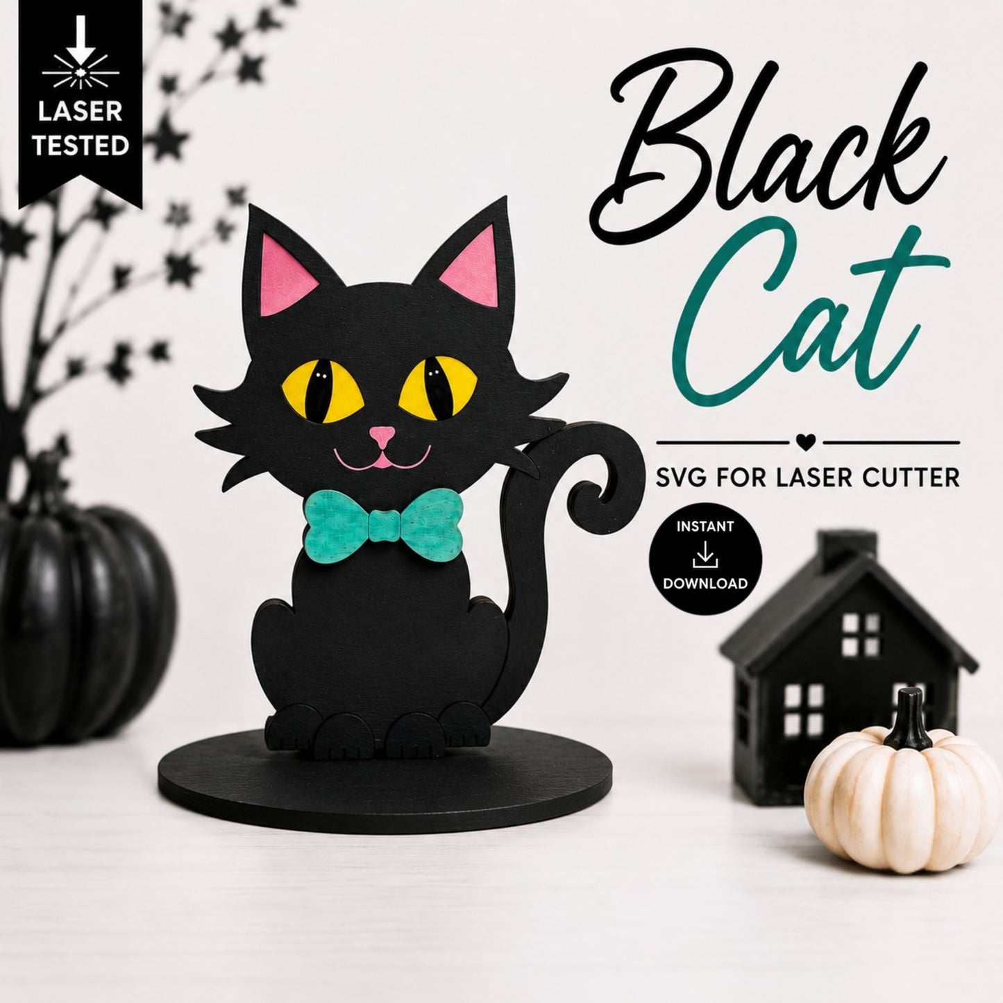 A black cat laser-cut design with pink ears, yellow eyes, and a teal bow tie on a black base, shown as an SVG file for laser cutting. The image includes text reading 'Black Cat', 'SVG FOR LASER CUTTER', and 'Instant Download', with decorative pumpkins and a small house in a styled setting.