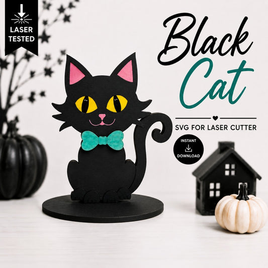 A black cat laser-cut design with pink ears, yellow eyes, and a teal bow tie on a black base, shown as an SVG file for laser cutting. The image includes text reading 'Black Cat', 'SVG FOR LASER CUTTER', and 'Instant Download', with decorative pumpkins and a small house in a styled setting.