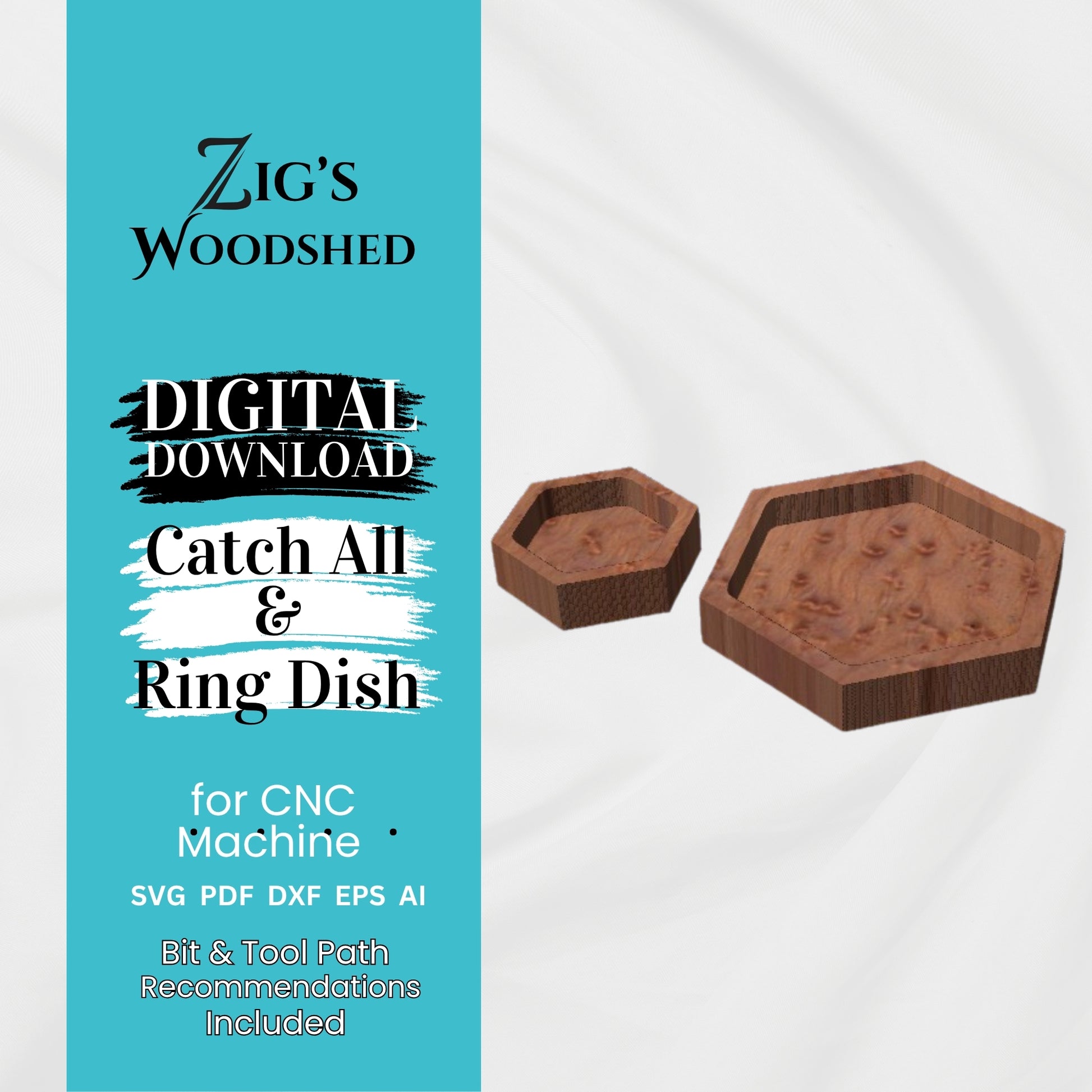 Digital download catch all tray and ring dish file shown in wood.  Bit and tool path recommendations included.