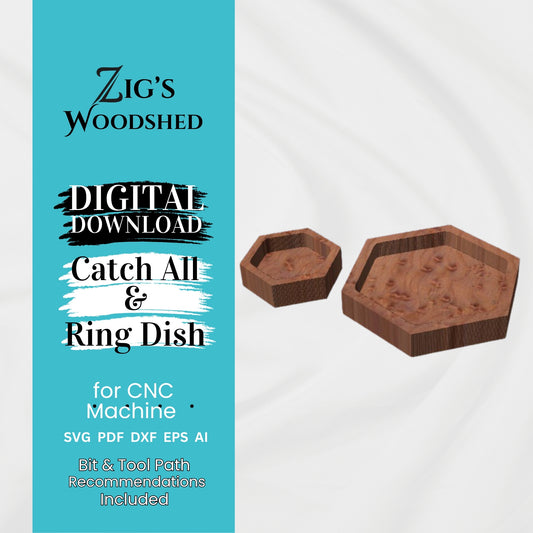 Digital download catch all tray and ring dish file shown in wood.  Bit and tool path recommendations included.