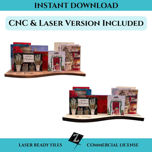 Wooden Christmas card display stand shown in two versions, one cut on a CNC and one cut on a laser, holding multiple holiday cards in a curved, decorative design.
