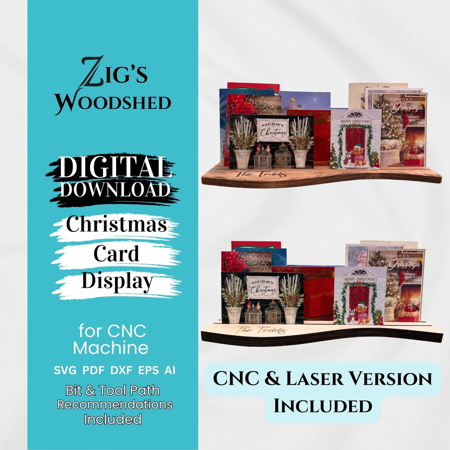 Wooden Christmas card display stand shown in two versions, one cut on a CNC and one cut on a laser, holding multiple holiday cards in a curved, decorative design.