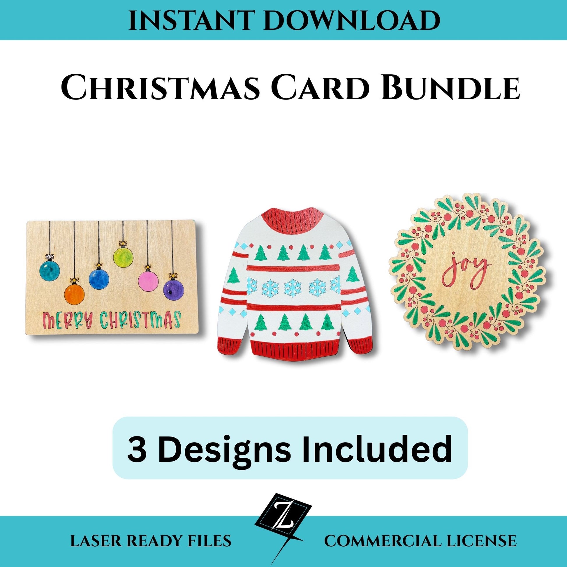 Laser-cut Christmas card bundle with three designs including a tacky sweater card, an ornament ball card, and a wreath card displayed as finished examples.