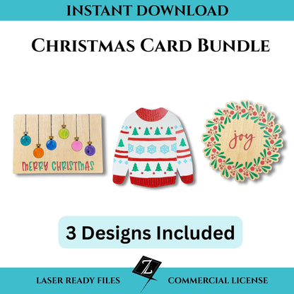 Laser-cut Christmas card bundle with three designs including a tacky sweater card, an ornament ball card, and a wreath card displayed as finished examples.