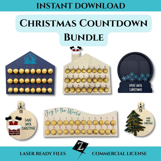 Christmas Countdown Bundle showing six laser-cut advent calendar and countdown designs, including truffle holders, rotating ornaments, and a snow globe style. Designed for laser cutters.