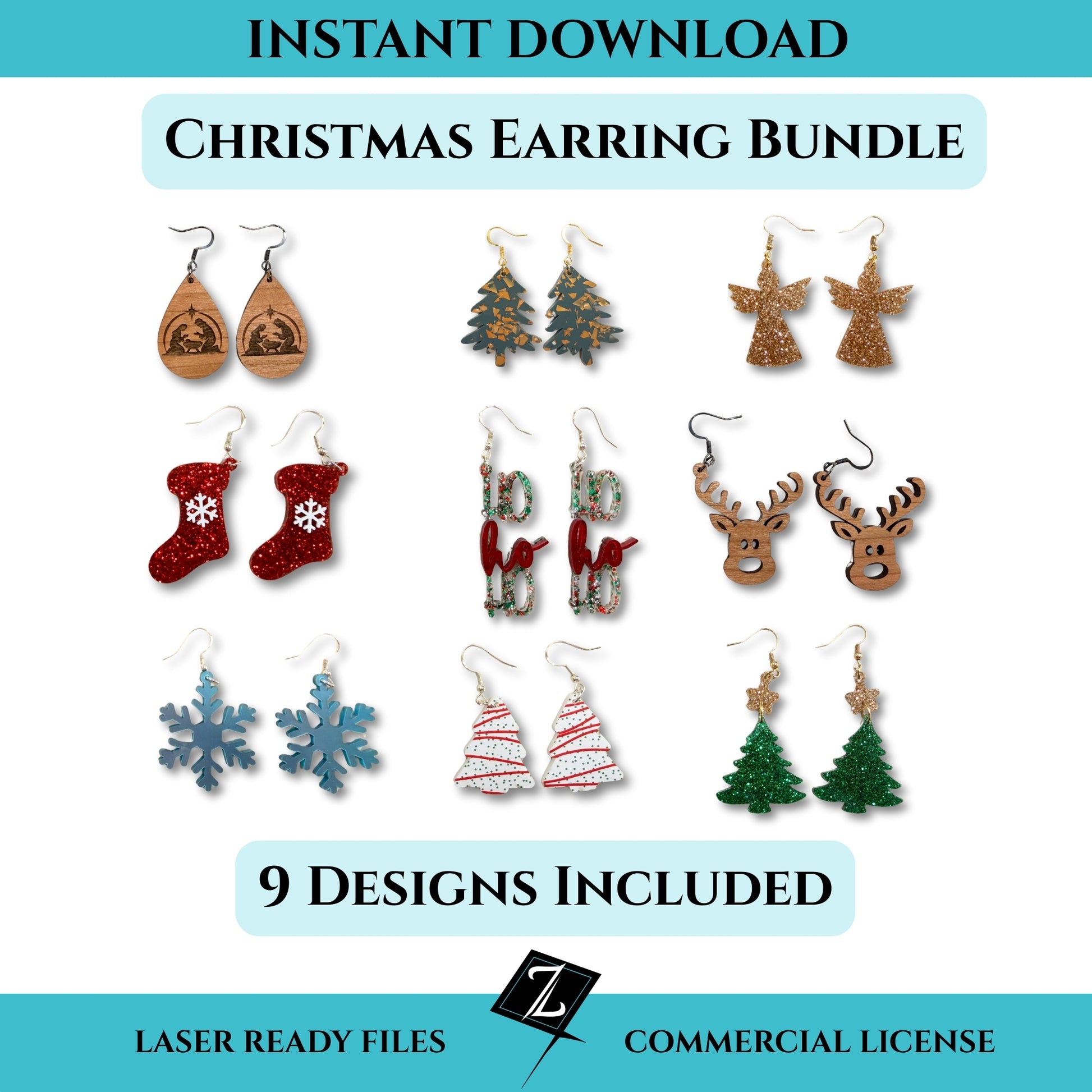 Christmas earring bundle showing nine laser-cut earring designs including stockings, trees, snowflakes, angels, reindeer, and holiday phrases.