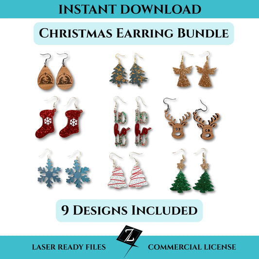 Christmas earring bundle showing nine laser-cut earring designs including stockings, trees, snowflakes, angels, reindeer, and holiday phrases.
