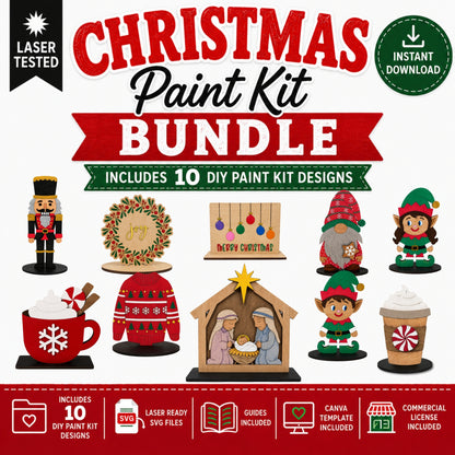 Promotional graphic for a Christmas Paint Kit Bundle, showing multiple festive DIY paint kit design examples including a nutcracker, wreath, nativity scene, holiday mug, sweater, elf characters, and a coffee cup. Large text reads 'Christmas Paint Kit Bundle' with 'Includes 10 DIY Paint Kit Designs,' plus badges for laser tested and instant download.