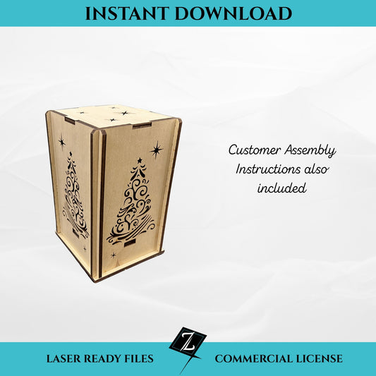 Christmas tree lantern SVG file for laser cutting, instant download. Wooden flat-pack lantern with festive Christmas tree and star cutout panels. Includes customer assembly instructions and commercial license.