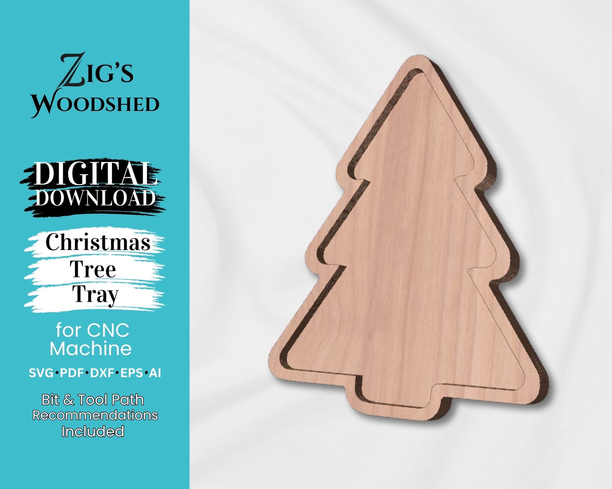 Digital rendering of a wooden Christmas tree tray.  Digital CNC file for purchase.  Includes bit and tool path recommendations.