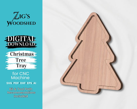 Digital rendering of a wooden Christmas tree tray.  Digital CNC file for purchase.  Includes bit and tool path recommendations.